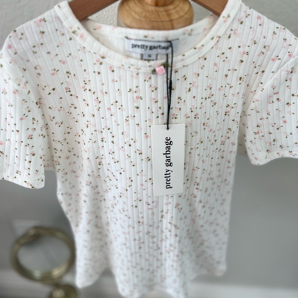 Pretty Garbage Floral Ribbed White Tee